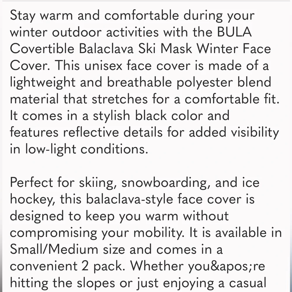 BULA Covertible Balaclava Ski Mask Winter Face Cover Unisex Small/Medium, 2 Pack